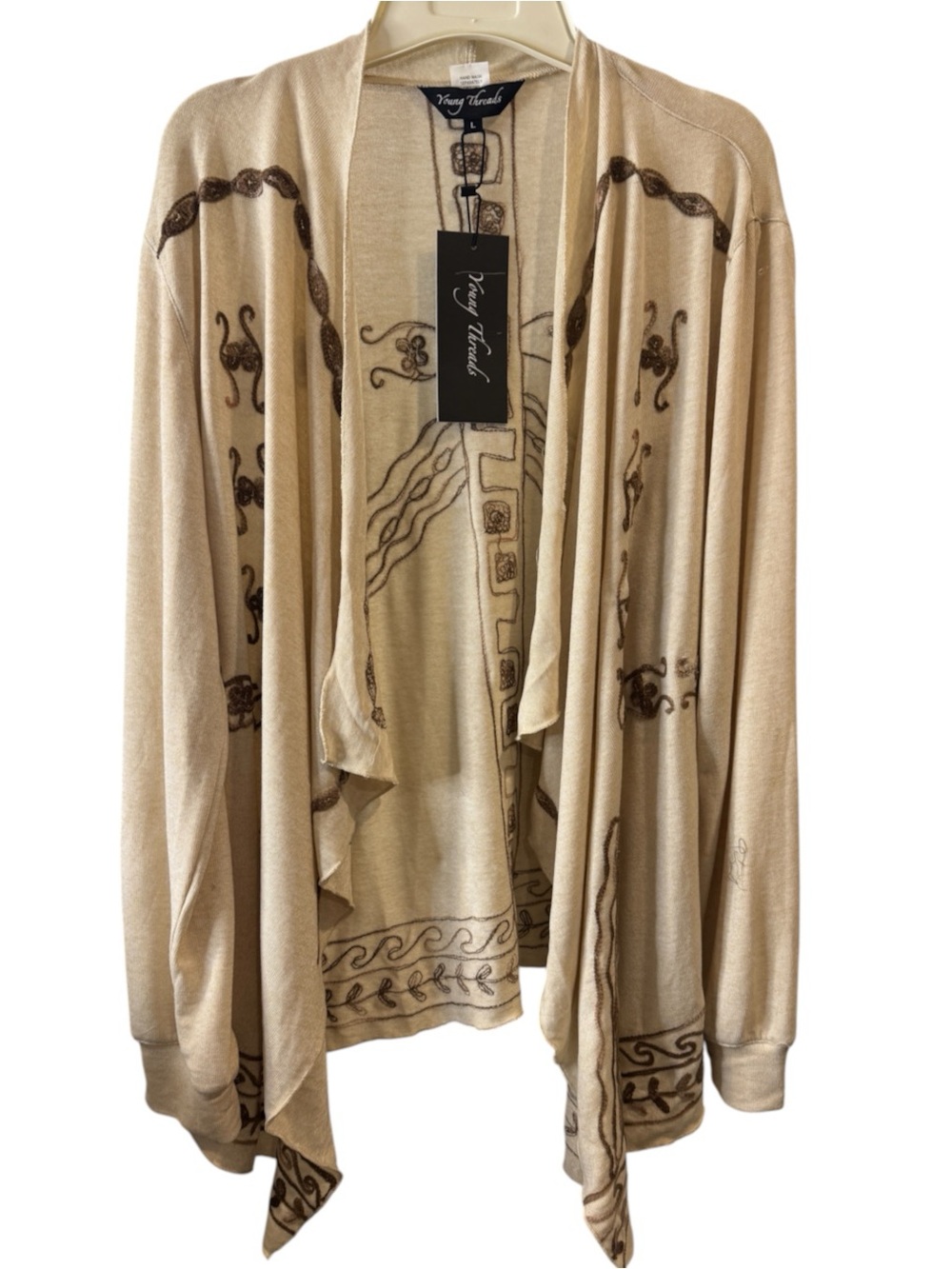 Young Threads Boho Embroidered Draped Kimono Shrug Cardigan NWT Size Large